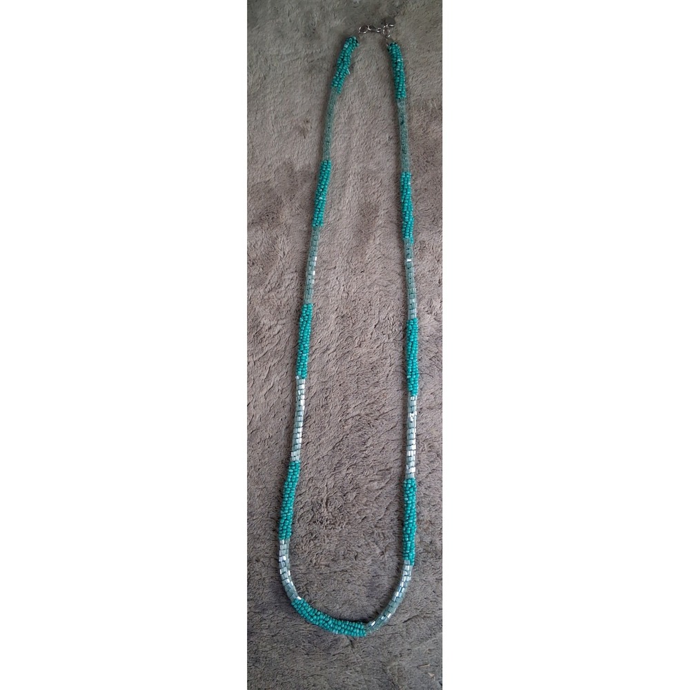 Loft Turquoise Silver Color Seed Bead Rope Necklace Long Layering Strand 36 Inch